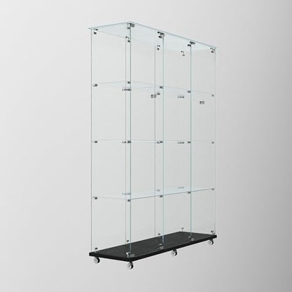 65" H 4-Shelf Glass Display Storage Cabinet with LED Lights Strip & Double Doors, Modern Curio Cabinet Collection Display Case with Lockable Casters & Lock for Living Room (Black)