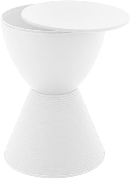 Pemberly Row Contemporary Round Plastic End Table, White Finish, 11.75 in x 16.75 in, Hourglass Shape with Ribbed Bottom Design, Hidden Storage, Lightweight Compact Indoor Outdoor Side Table