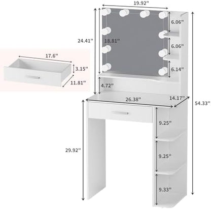 Makeup Vanity Desk with Mirror and Lights, 26.4”Small Vanity Mirror with Lights with Large Drawer and 6 Level Storage, White Vanity with Large Led Mirror with 3 Color Lighting Modes (White)
