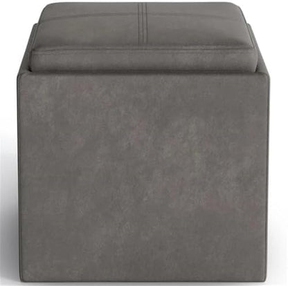 SIMPLIHOME Rockwood 17" Wide Vegan Leather Storage Ottoman in Grey | Distressed slate grey, contemporary ottoman with flip-over tray top and hidden storage; cube storage bench for living room.