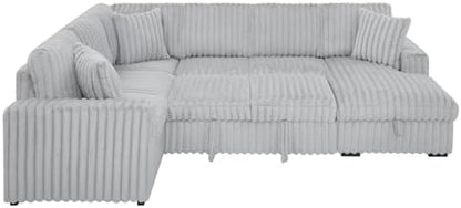 THSUPER 122-Inch Oversized U Shaped Plush Corduroy Fluffy Sectional Sleeper Sofa with Pull Out Bed, Storage Chaise Lounge and USB Charging Port - Gray