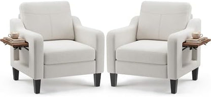 Accent Chairs Set of 2 for Living Room, Mid-Century Upholstered Armchair with Foldable Table & 2 Side Pockets, Modern Linen Wooden Sofa Chair for Bedroom & Reading Room, Beige