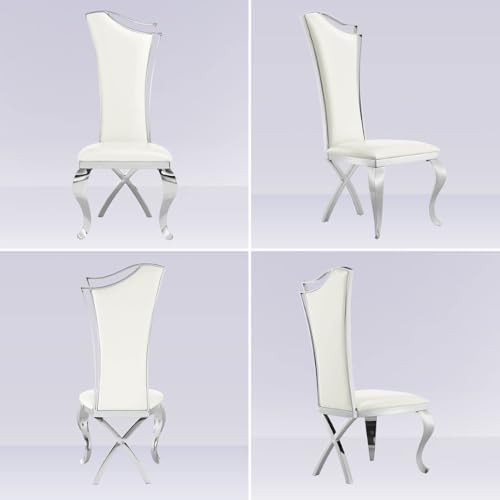 ACEDÉCOR Dining Chairs, White Faux Leather Dining Chairs Set of 6, Gorgeous Streamlined High Back Chair with Silver Mirror Curved and X-Shaped Stainless Steel Legs