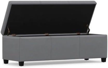 SIMPLIHOME Avalon 48" Wide Vegan Leather Storage Ottoman in Stone Grey | Contemporary lift-top ottoman with high-density foam; rectangle storage bench or coffee table for living room or entryway.
