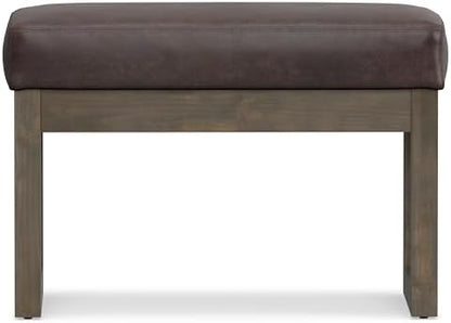 SIMPLIHOME Milltown 27" Wide Vegan Leather Ottoman in Distressed Brown | Contemporary ottoman with a cushioned seat for bedroom seating; rectangle footstool, footrest or bench.