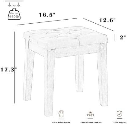 Ottoman Vanity Wooden Stool with Padded Seat, Faux Leather Brown | Square Wood Accent Dining Makeup Piano Stool with Button-Tufted Padded Upholstered Seat & Wood Legs for Living Room Bathroom
