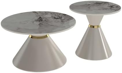 Set of 2 Nesting Coffee Table Round Faux Marble Top Coffee Tables with Base | Conical Base Nesting Coffee Table Set of 2, Round Marble‑Effect Top Stackable Coffee Tables for Small Space Living Room