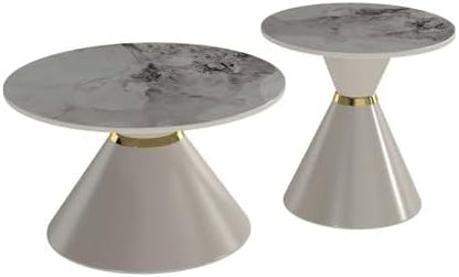 Set of 2 Nesting Coffee Table Round Faux Marble Top Coffee Tables with Base | Conical Base Nesting Coffee Table Set of 2, Round Marble‑Effect Top Stackable Coffee Tables for Small Space Living Room