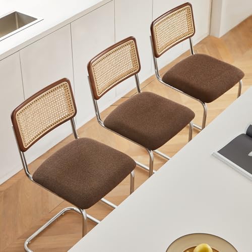 GrandNoor Natural Rattan Counter Height Stools Set of 3 with Solid Wood Back, 24 Inch Mid Century Modern Cesca Bar Stools, Brown Upholstery Boho Stool for Kitchen Counter with Chrome Metal Legs