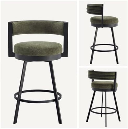 Flouki Swivel Counter Height Bar Stools Set of 2, Upholstered 26.6" Modern Counter Stools with Arms, Linen Barstools with Back and Metal Base for Kitchen Island, Dining Room, Green Linen Fabric