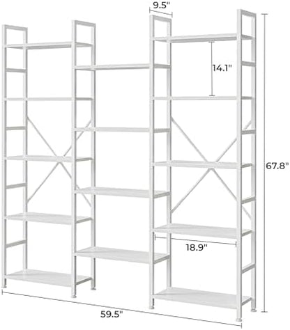 SUPERJARE Triple Bookshelf, Bookcase with 14 Open Display Shelves, Wide Book Shelf Book Case for Home & Office, 5 Tier, White