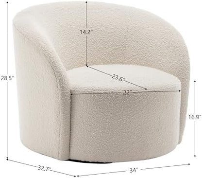 KINWELL 34" W Mid Century Modern Boucle Swivel Barrel Chair, Cream