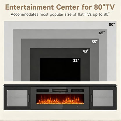 80" Floating TV Stand with 36" Electric Fireplace, Brown & Black | Floating TV Stand Wall Mounted Fits TVs up to 80", Adjustable Shelves & Storage, TV Console for Living Room, WI‑FI Enabled