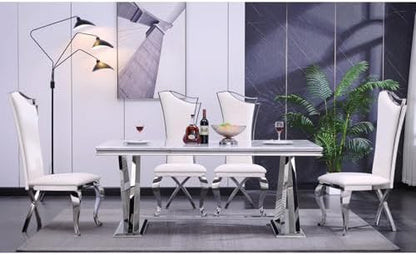 ACEDÉCOR Dining Chairs, White Faux Leather Dining Chairs Set of 6, Gorgeous Streamlined High Back Chair with Silver Mirror Curved and X-Shaped Stainless Steel Legs