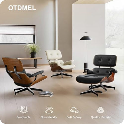 Mid Century Modern Top Grain Leather Chaise Lounge Chair & Ottoman | Modern Classic Recliner with Heavy Duty Base, Fixed Tilting for Living Room, Study, Lounge & Office, Walnut Black