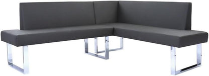 Pemberly Row Modern Faux Leather Corner Dining Bench, Chrome Legs and Gray Upholstery, Foam-Padded Seat, 81" W x 69" D x 33" H, Sturdy Kitchen Seating for 4 People, Indoor Use