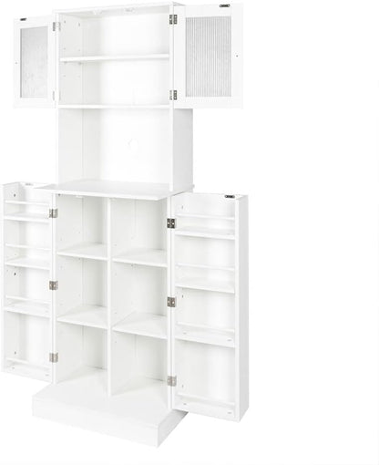 71" Kitchen Pantry Cabinet, Tall Storage Cabinet with Microwave Stand, Freestanding Farmhouse Pantry Cupboard Cabinet with Doors and Adjustable Shelves, for Kitchen, Dining Room, White