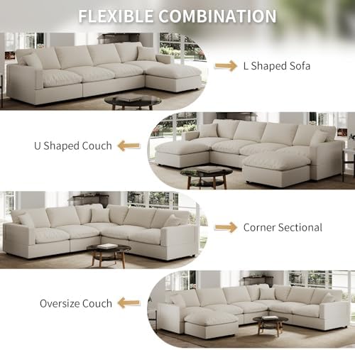 Modern Sectional Linen Couch for Living Room V Shape Sofas,5 Seat with Ottoman Modular Cloud Sofas with Ottoman,Couches Cushion Covers Removable,Cozy Feather Down Sofa for Apartment Khaki