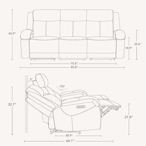 Watson & Whitely Genuine Leather Power Recliner Sofa & Loveseat Set, Saddle | Wall Hugger Reclining Sofas, Power Headrest, Center Storage Console, Charging Ports, Cup Holders, Living Room Furniture Set