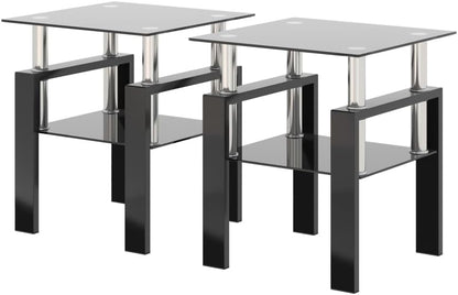 Set of 2, Modern Tempered Glass Tea Table Coffee Table End Table, Square Table for Living Room, Black