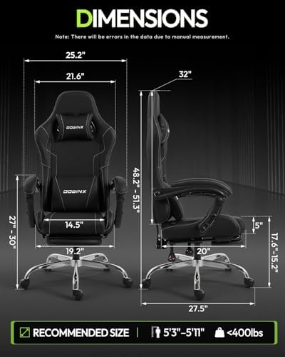 Dowinx Ergonomic Gaming Chair with Footrest & Massage Lumbar, 2D-Linkage Armrests for Computer Chair 330lbs with Headrest Pillow for Office, Home, Streaming and Long Gaming Sessions, Black