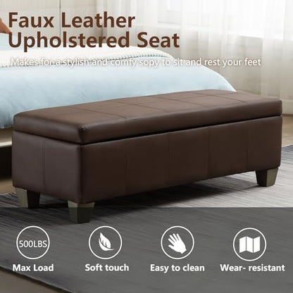 51 Inch Storage Ottoman, Storage Bench with Safety Hinge, Upholstered Synthetic Leather Ottoman Bench for Bedroom, Living Room, Entryway, Hallway, Foot Rest, Support 500lbs, Brown