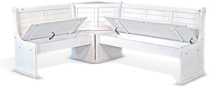 Pemberly Row 75" x 56" Farmhouse Wood Breakfast Nook Set with Table, Storage, Reversable Benche, L-Shaped Corner Bench, for Dining Room, in Marble White Finish