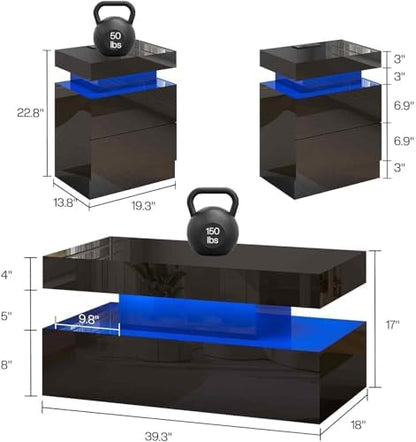 LUXOAK 3-Piece Modern Coffee Table Set with LED Lights | High-Gloss Finish, Coffee Table with Storage, 2 End Tables with Charging Stations, Living Room & Office Use, Black