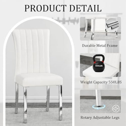 Asday White Leather Dining Chairs Set of 4, White and Silver Dining Room Chairs with Mirrored Chrome Stainless Steel Legs and Rolled Back Design
