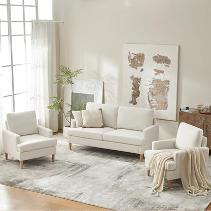 VKNOW Mid-Century Accent Chairs Set of 2, No Tools Assembly Required, Modern Upholstered Polyester Armchairs for Living Room & Bedroom, Comfortable Reading Chairs with Wood Legs, Beige