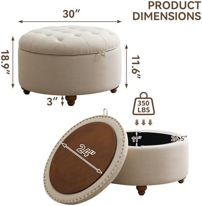 WUTUTUEE 30Inch Round Storage Ottoman with Tray, Modern Tufted Fabric Circle Coffee Table with Storage, Upholstered Ottoman with Removable Top for Living Room, Bedroom, Khaki