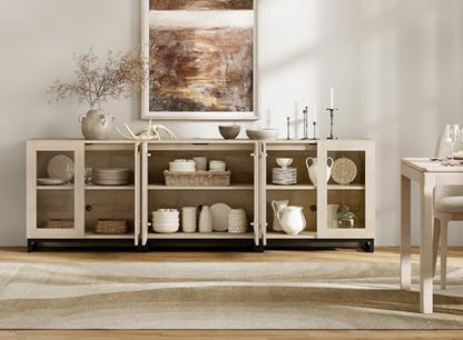 WAMPAT Sideboard Buffet Cabinets, Modern Credenza Sideboard with Adjustable Shelf and Metal Base, Coffee Bar Cabinet Accent Storage Cabinet for Living Room, Kitchen, Beige-A, 3 Pcs