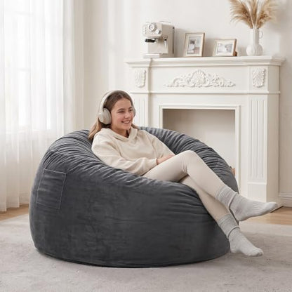 Kromax Bean Bag Chair with Filling Included, Large 4FT Comfy Bean Bag Chairs for Adults, Teens, Memory Foam, Machine Washable Thick Dutch Velvet Cover, for Living Room, Den, or Bedroom, Dark Grey