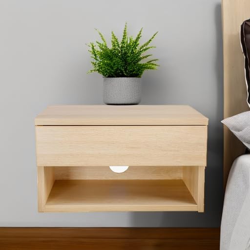 Nathan James Jackson Wall Mounted Floating Bedroom Nightstand with Storage Drawer and Modern Open Shelf Cubby, Light Oak Wood