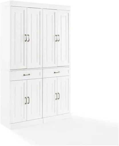HomeStock Pantry Cabinets - 2 Piece Kitchen Storage Organizer - White Finish