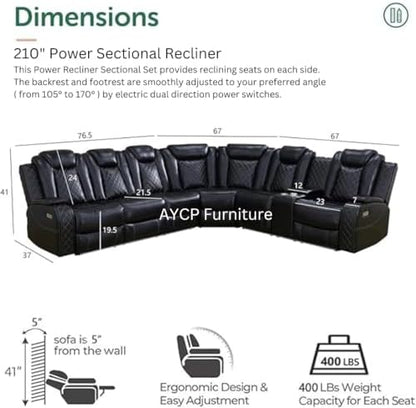 Power Recliner Sofa Sectional Sofa with LED Light for Living Room, Air Leather Reclining Corner Sectional Sofa Set, Cup Holder, Storage Console for Home Theater Seating (Black, Sectional+Chair)