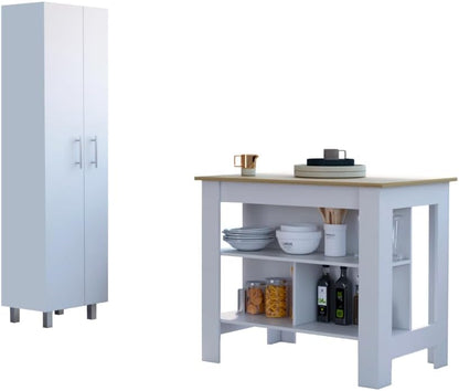 9-Shelf 2-Door Kitchen Island and Pantry Set in White and Light Oak | Combines 9 shelves and 2 doors for expanded storage capacity