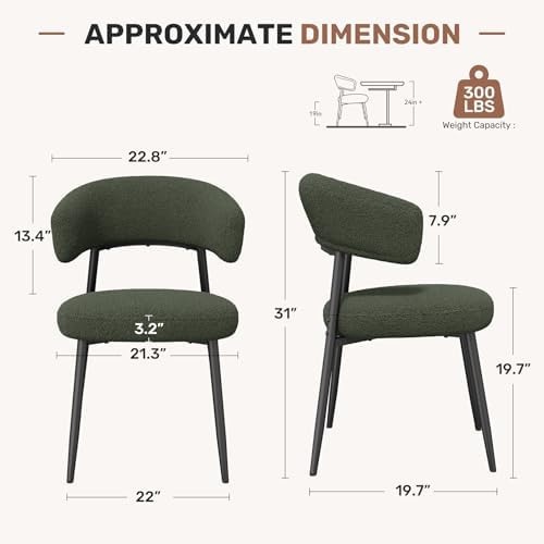 Dining Chairs Set of 6, Mid Century Modern Kitchen Chairs, Boucle Upholstered Dining Chair with Curved Backrest & Metal Legs for Kitchen Dining Room, Green