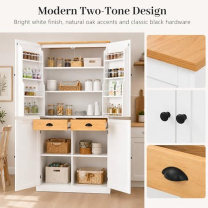 71" Tall Kitchen Pantry Storage Cabinet with 8 Door Shelves and 2 Storage Compartments, Two-Tone Freestanding Food Pantry Cabinet with Adjustable Shelves for Kitchen, Dining Room