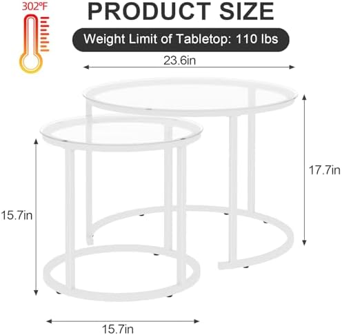 aboxoo White Nesting Glass Table Set of 2, Small Glass Round Nesting Tables for Living Room Bedroom, Accent Tea Table with Metal Frame Modern Industrial Simple