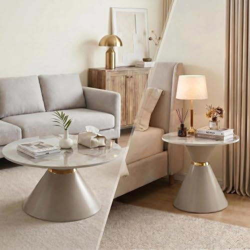 Set of 2 Nesting Coffee Table Round Faux Marble Top Coffee Tables with Base | Conical Base Nesting Coffee Table Set of 2, Round Marble‑Effect Top Stackable Coffee Tables for Small Space Living Room