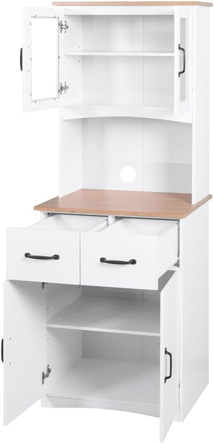 White Wooden Kitchen Cabinet, Pantry Storage Unit with Framed Glass Doors, Microwave Stand & Drawer, for Living Room, Dining Room, or Kitchen