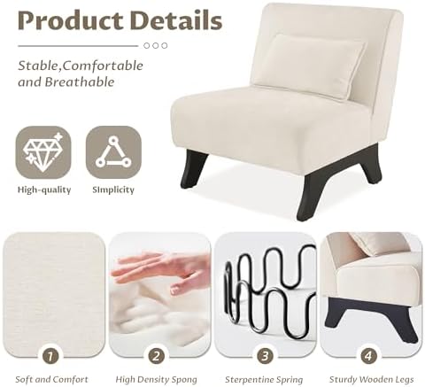 Armless Accent Chairs Set of 2 Upholstered Living Room Side Chairs | Comfy Small Accent Lounge Chair with Pillow Accent Chair for Living Room Bedroom Farmhouse Reading Beige 2PCS
