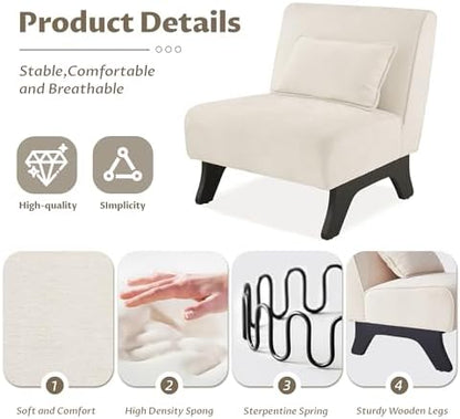 Armless Accent Chairs Set of 2 Upholstered Living Room Side Chairs | Comfy Small Accent Lounge Chair with Pillow Accent Chair for Living Room Bedroom Farmhouse Reading Beige 2PCS