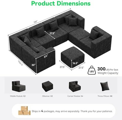 MONVANE Oversized Sectional Couch 08-Seat, Chenille, Black | Sectional Couch for Living Room, Modular Cloud Sofa with Ottoman & 8 Throw Pillows, No Assembly Required