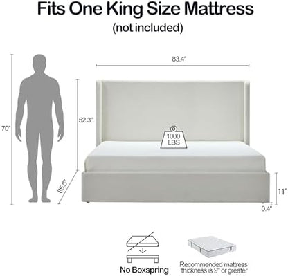 King Size Upholstered Platform Bed Frame, 52.3" High Headboard Carmen Wingback Beds, Tall Headboard King Floor Bed Frames, No Box Spring Needed No Noise, Minimalist, Textured Ivory