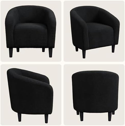 Yaheetech Small 25.5in Wide Sherpa Barrel Accent Chair for Bedroom, Black | Compact Cozy Barrel Chairs with a Curved Silhouette, Upholstered Furry Armchair for Small Spaces, Living Room Bedroom Corner