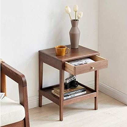 Telephone Table, Side Table with Drawer,Solid Wood Nightstand,Sofa Telephone Tables,Small Living Room Coffee Table,Double-Layer Storage,Walnut Color(