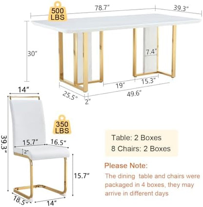 79" White Gold Dining Table Set for 8, Luxury Faux Marble Dining Table Set for 8 with White Gold Chairs, Kitchen Table Set with Gold Chrome Legs for Dining Room, Office