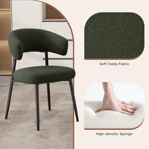 Dining Chairs Set of 6, Mid Century Modern Kitchen Chairs, Boucle Upholstered Dining Chair with Curved Backrest & Metal Legs for Kitchen Dining Room, Green